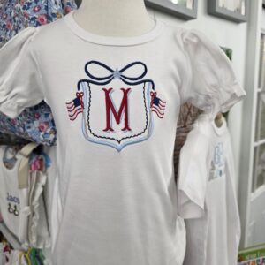 Patriotic bow crest w shadow letter ruffle bubble suit