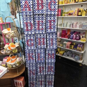 Navy Ikat Tea Towel With Red Stripe Block Letter